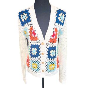 Crochet Granny Square Cardigan Cottage Core Sweater Rain + Rose Cream Patchwork